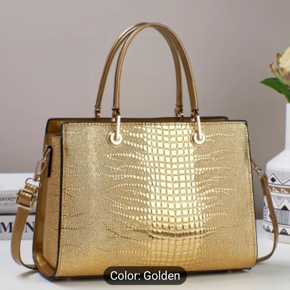 Gold tone vegan leather satchel